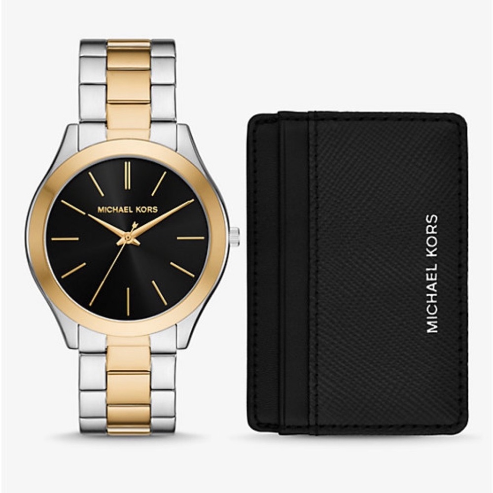Michael Kors Men’s Oversized Aspyn Two-Toned Watch and Leather Card Case Gift Se